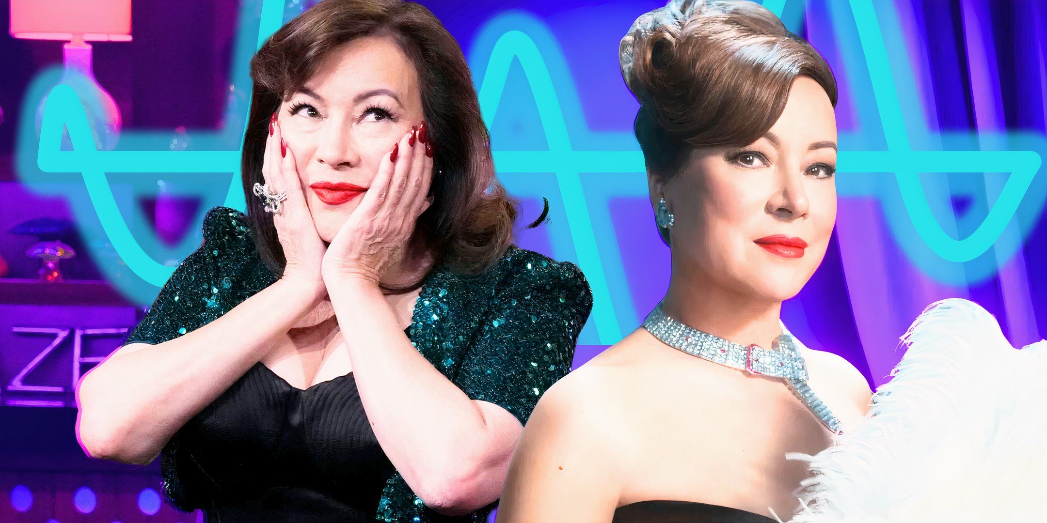 the real housewives of beverly hills star jennifer tilly in two glam poses looking poised and shocked and blue background