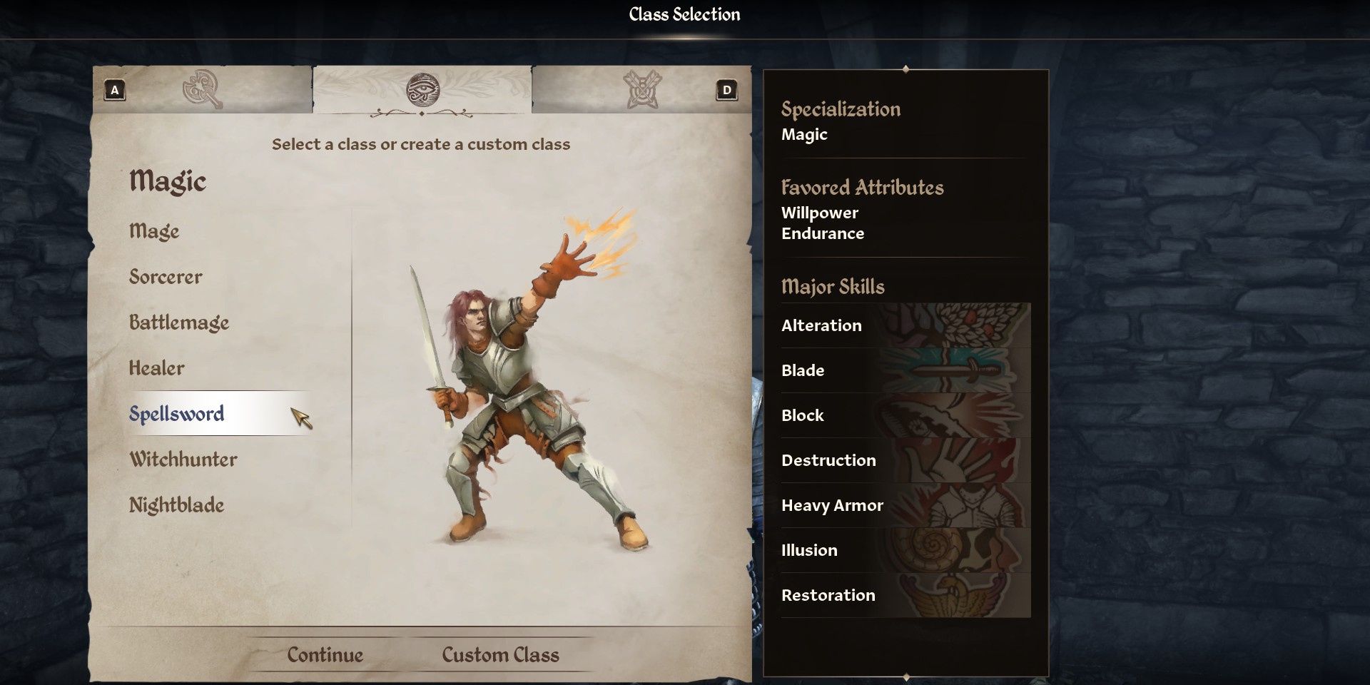 The Spellsword Class with attributes and major skills in Oblivion Remastered