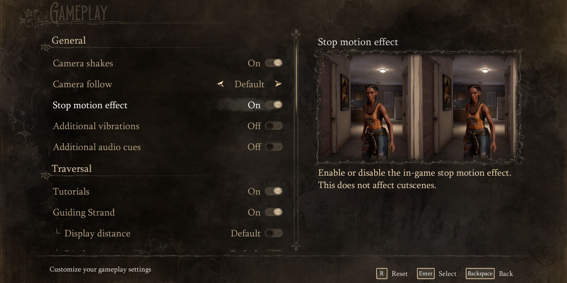 The stop motion effect setting in South of Midnight&rsquo;s menu.
