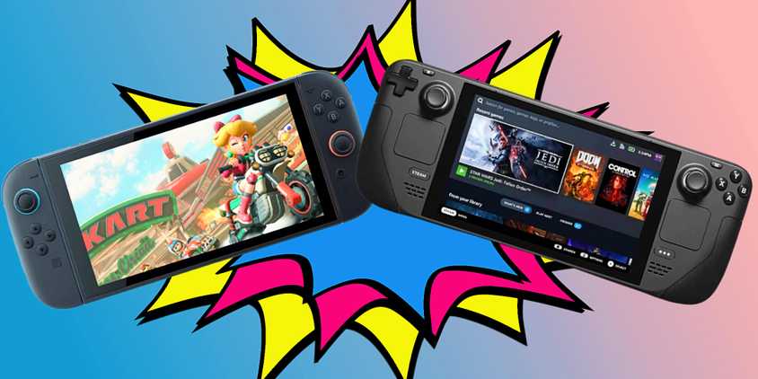 The Switch 2 and the Steam Deck clash with a cartoon explosion.