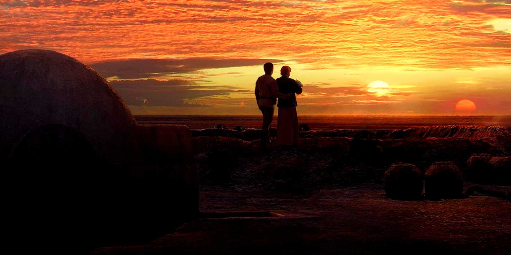 Owen and Beru Lars holding Luke Skywalker and looking out at the twin suns on Tatooine in the final shot of Star Wars: Episode III - Revenge of the Sith.