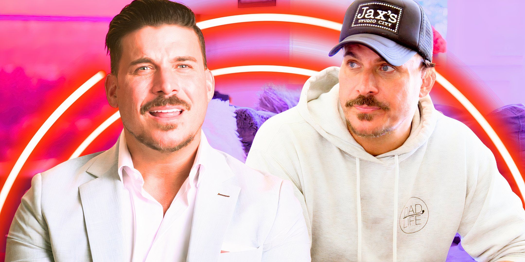 the valley star jax taylor in two poses in white shirts with him smiling and serious and red background