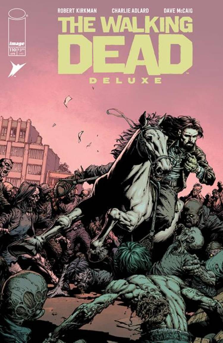 The Walking Dead Deluxe #110 cover with Jesus on a horse amid a horde of zombies. 