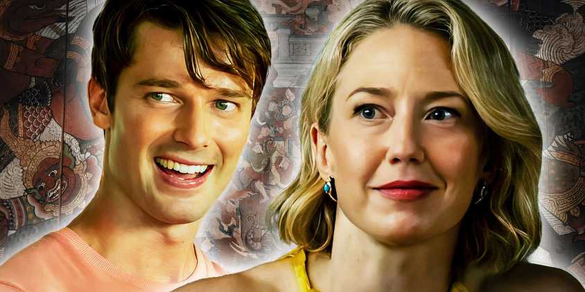 An edited image of Carrie Coon as Laurie and Patrick Schwarzenegger as Saxon in The White Lotus season 3.