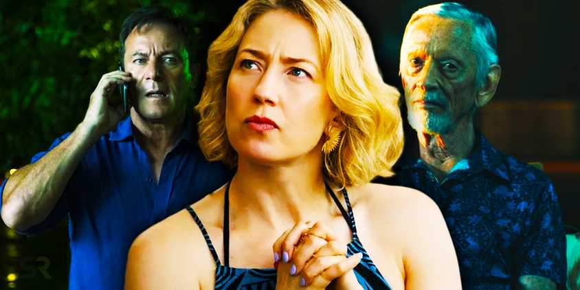 Jason Isaacs as Tim, Carrie Coon as Laurie, and Scott Glenn as Jim in The White Lotus season 3