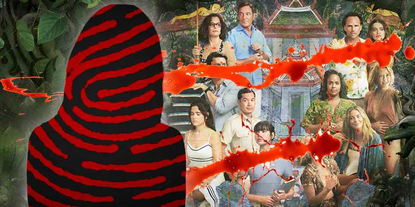 The poster for The White Lotus season 3 (2025) with a central figure from the show silhouetted with bloodstains above