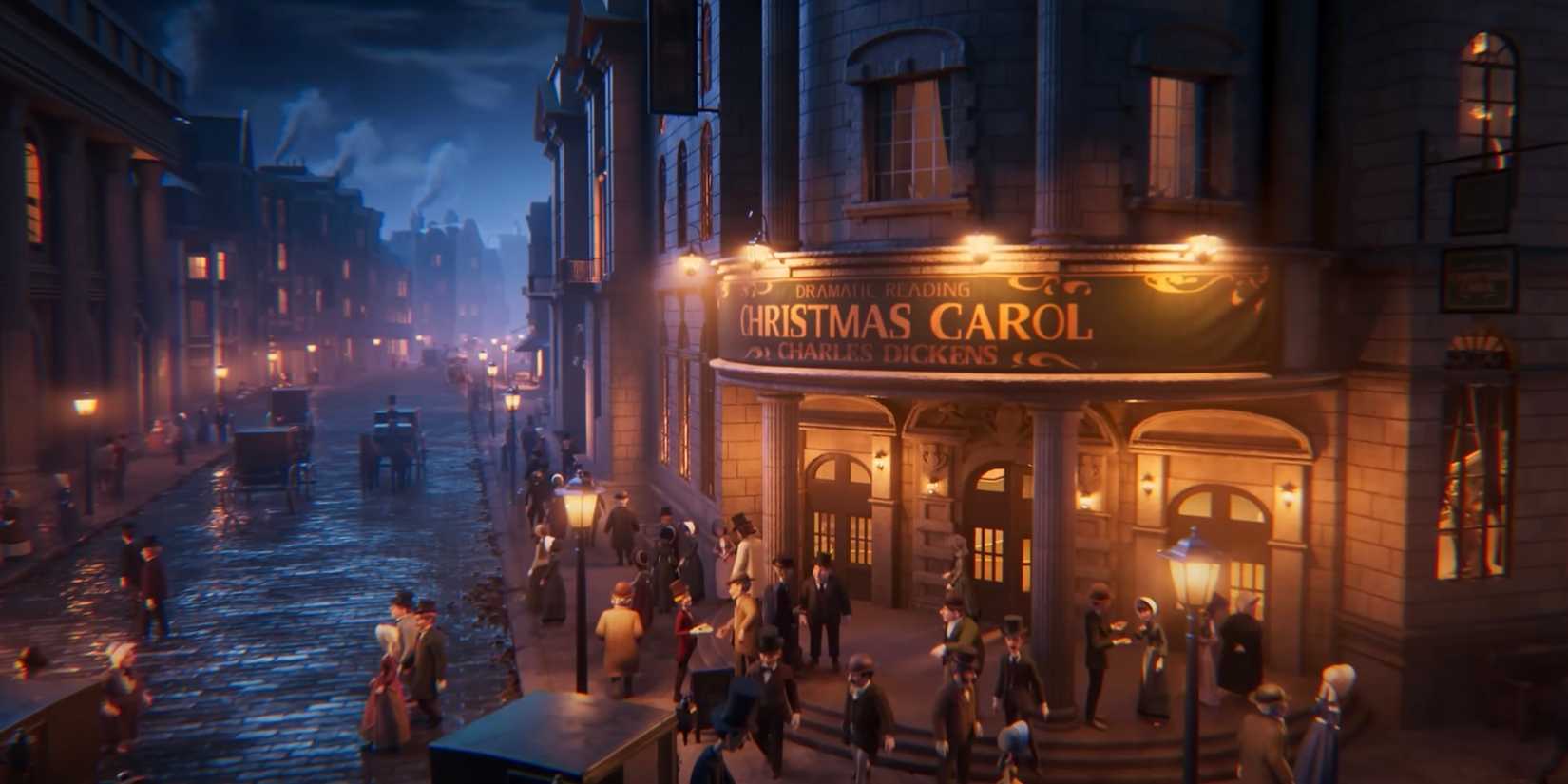 An exterior shot of a theater hosting a Christmas Carol in The King of Kings