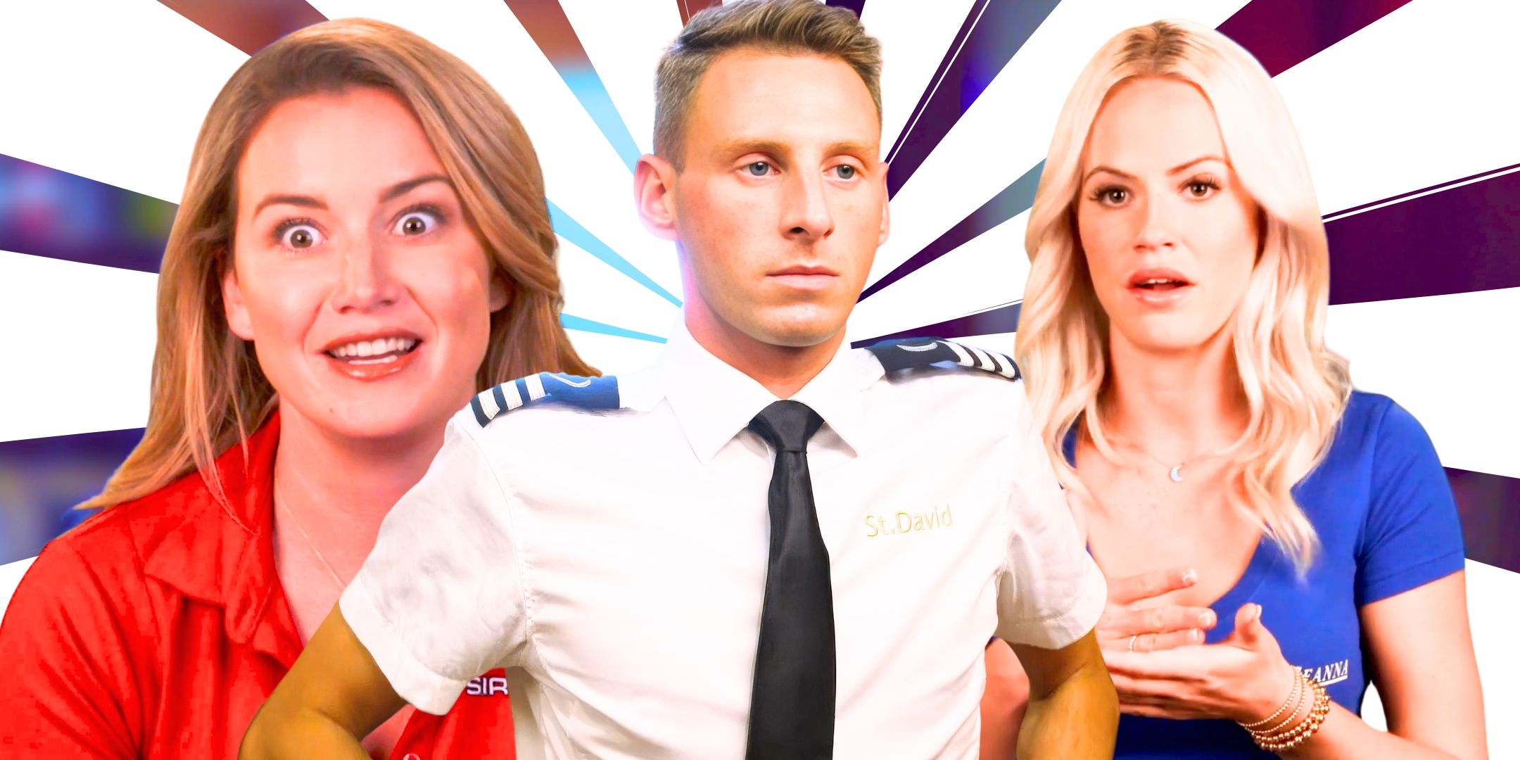 Below Deck cast members including Hannah Ferrier and Fraser Olender with serious expressions
