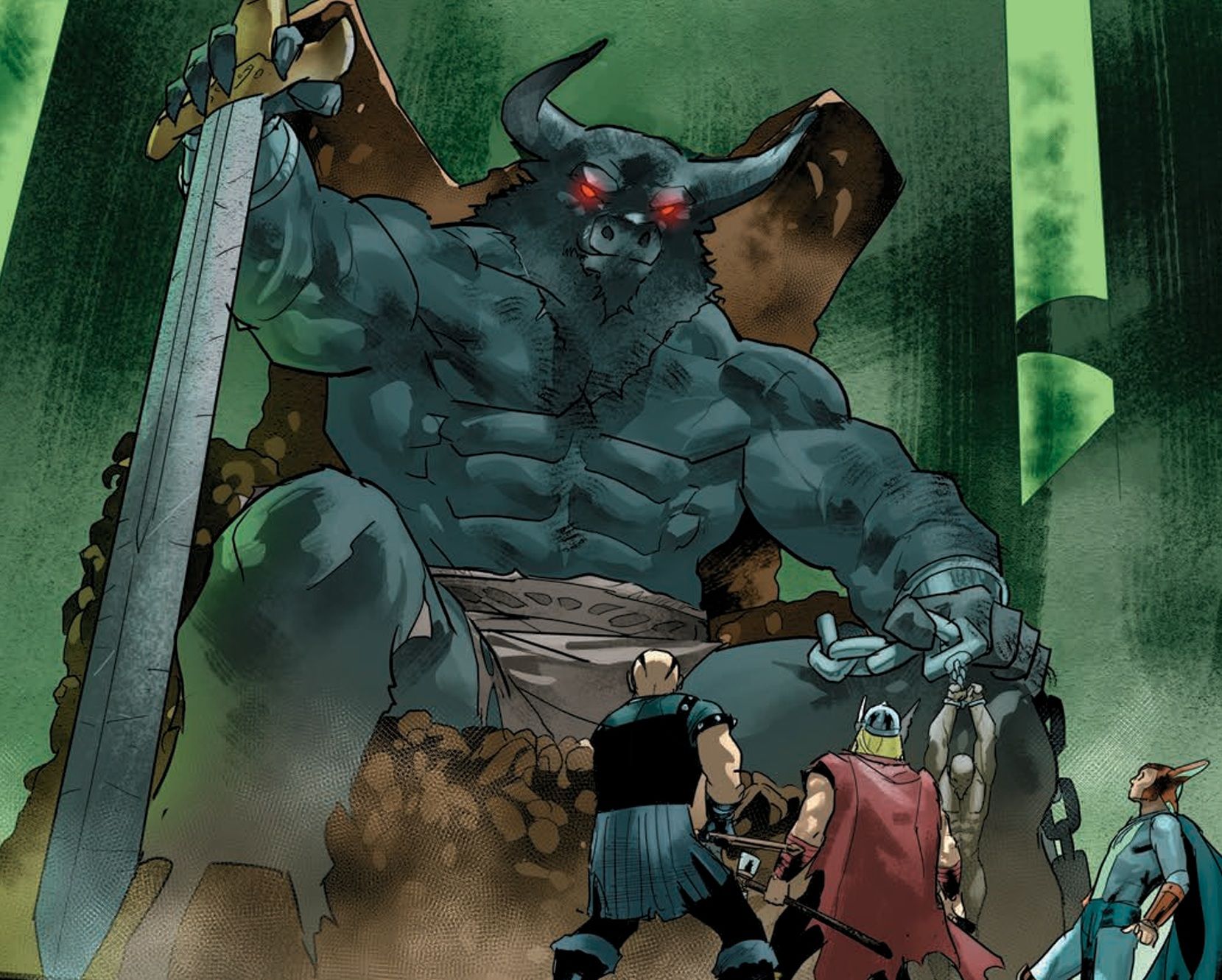 Thor meets the God of Violence, a giant minotaur, in Immortal Thor #22
