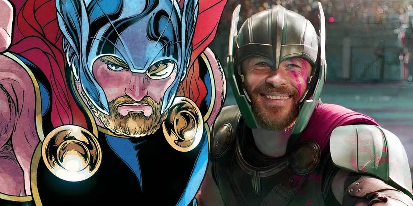 Marvel Comics' Thor with MCU Thor next to him.