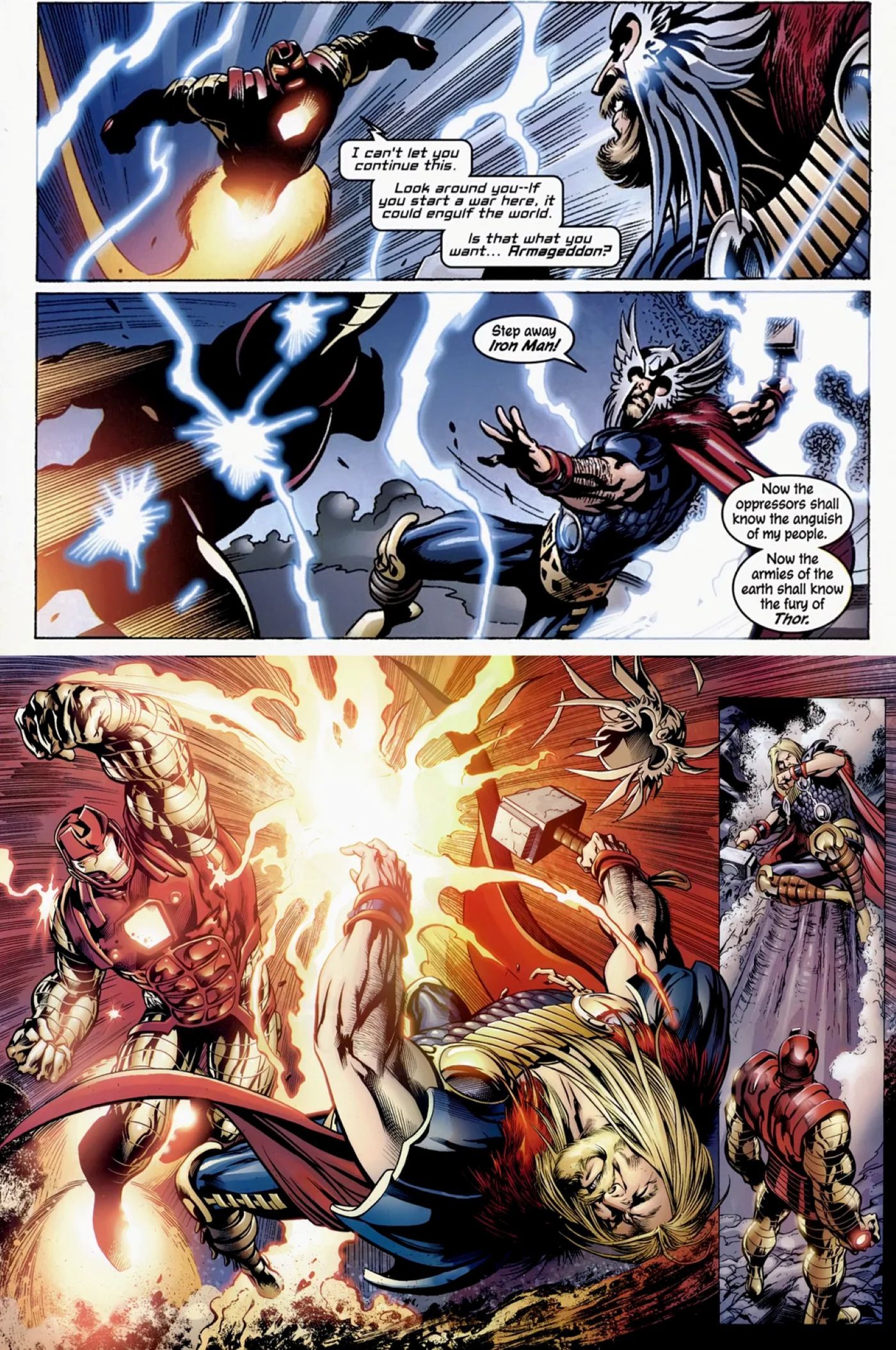 Iron Man wearing his Thorbuster armor in a battle against Thor.