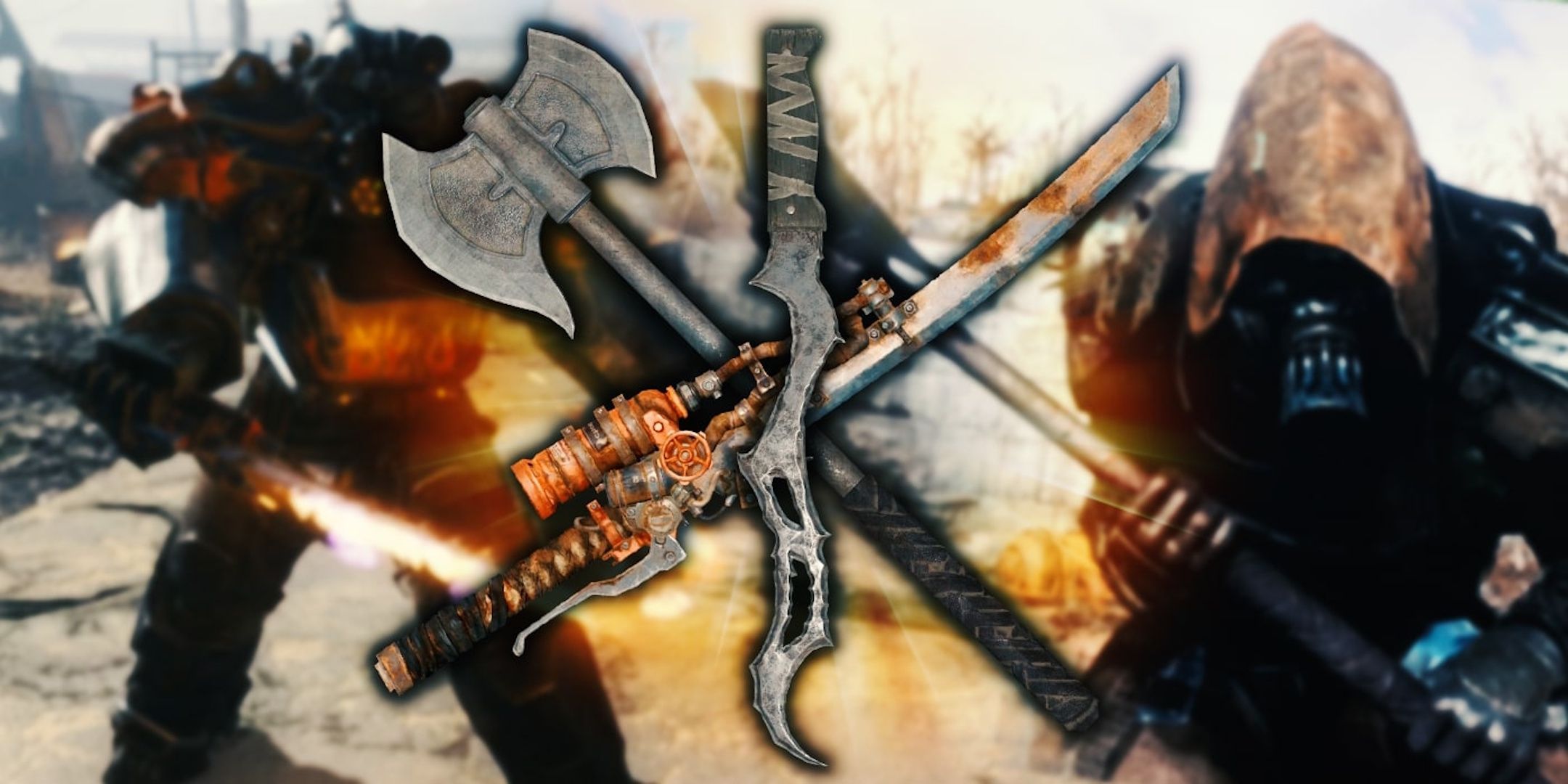 Three melee weapons from Fallout 4 overlapping in front of two melee characters