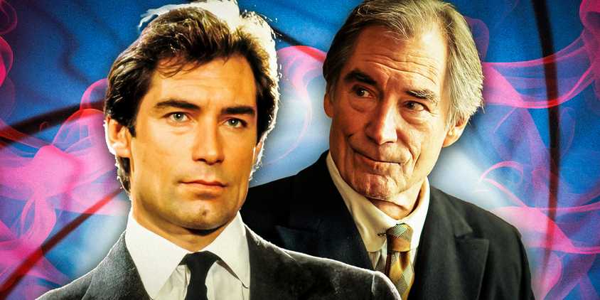 Timothy Dalton as James Bond in Licence to Kill and as Donald Whitfield in 1923 against a purple and blue background
