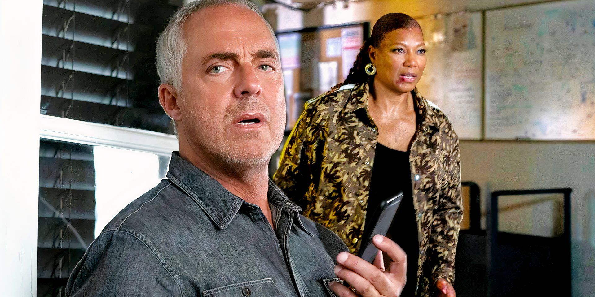 Titus Welliver on his phone in Bosch while Queen Latifah is sprinting in The Equalizer