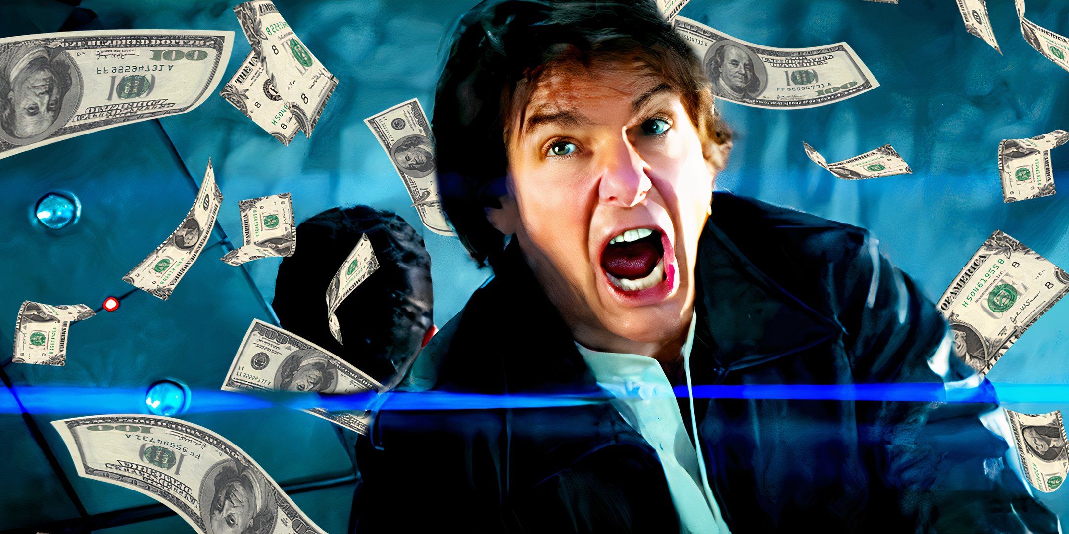 Tom Cruise screaming as Ethan Hunt in Mission: Impossible The Final Reckoning while money is falling