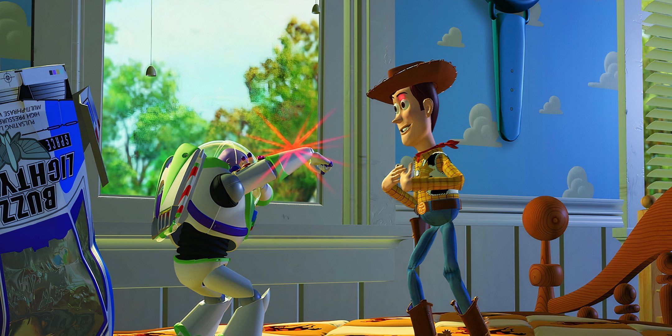 Buzz points a laser at Woody.
