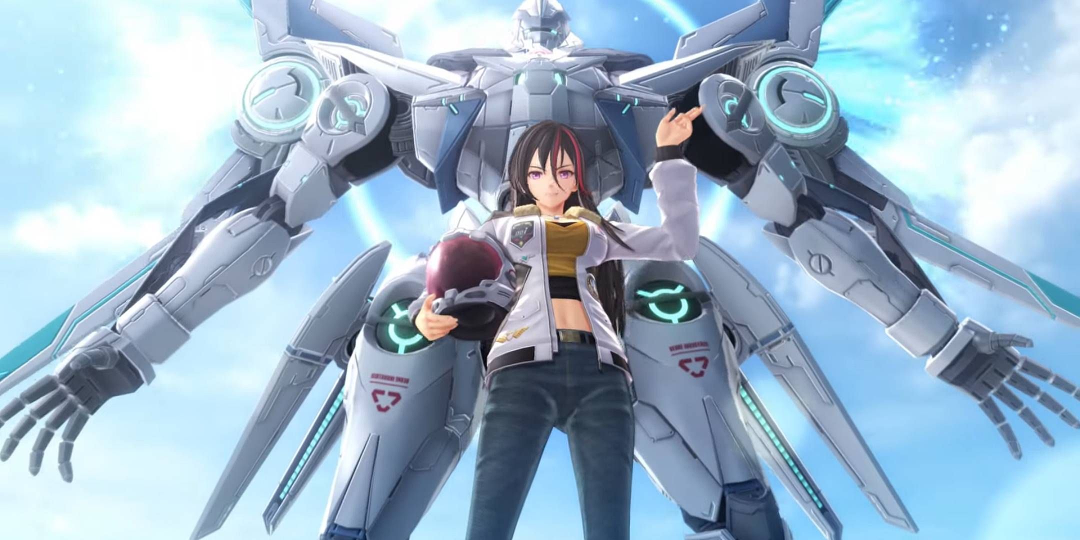 The Legend of Heroes: Trails Beyond the Horizon female character next to a giant mech suit.