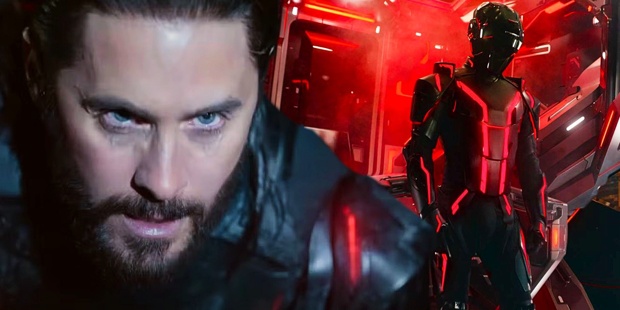 A composite image of Jared Leto looking intense in front of a person in a mechanical suit in Tron: Ares