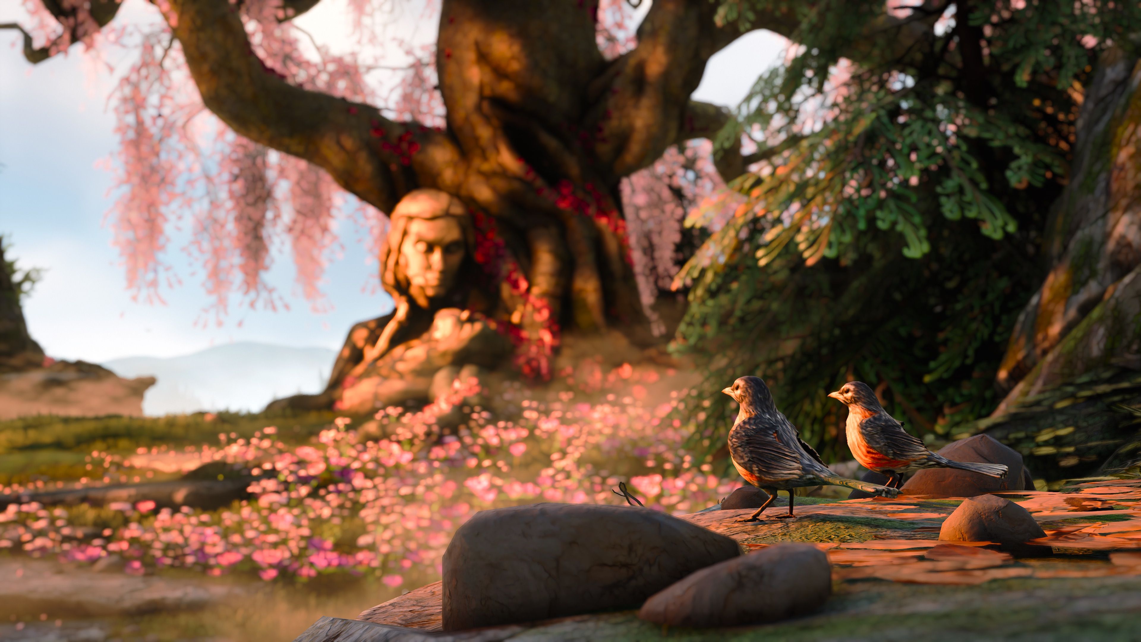Two birds on a stone in South of Midnight with a tree sculpted to look like a mother and daughter in the background.