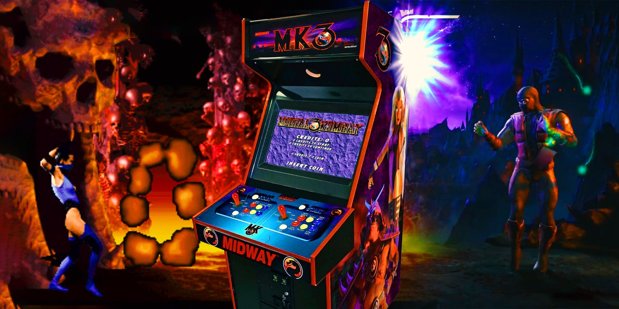 Ultimate MK3 arcade cabinet with kitana and scorpion in a fight