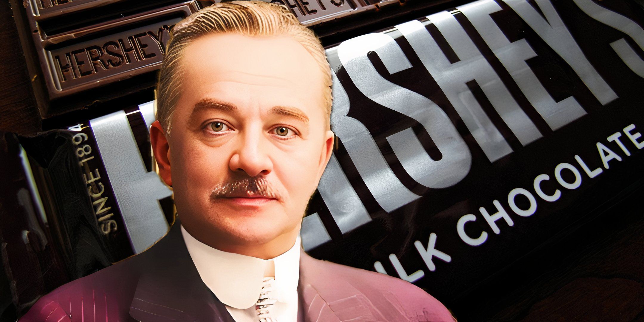 Milton Hershey in front of Hershey chocolate