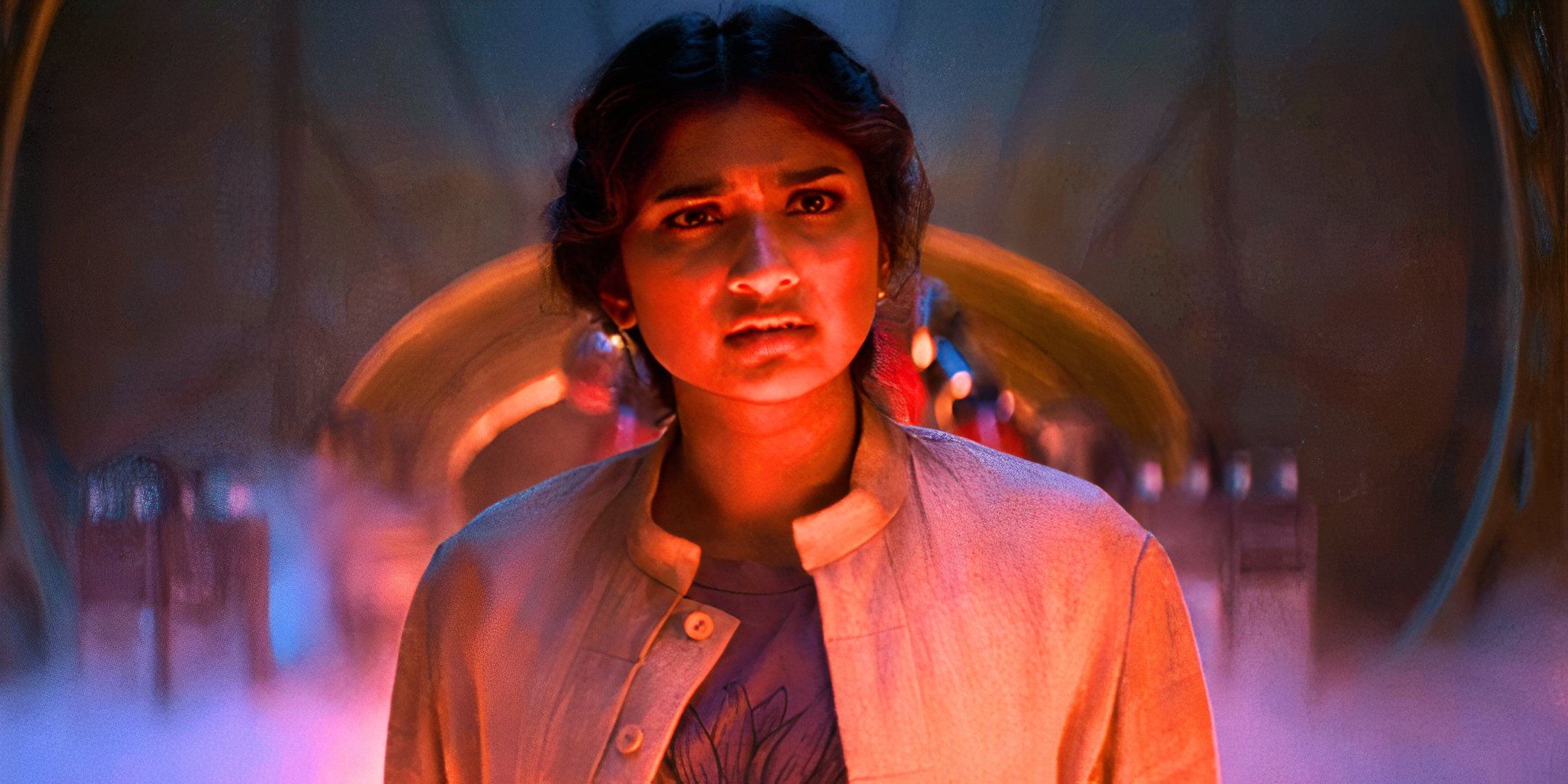 Varada Sethu looking confused as Belinda Chandra in Doctor Who