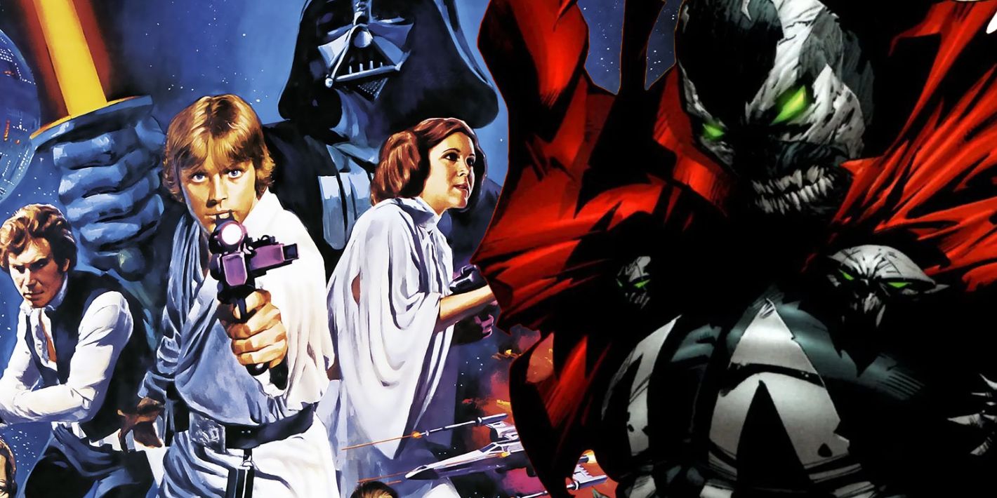 Spawn (foreground, right) and the original Star Wars film poster (background, left.)