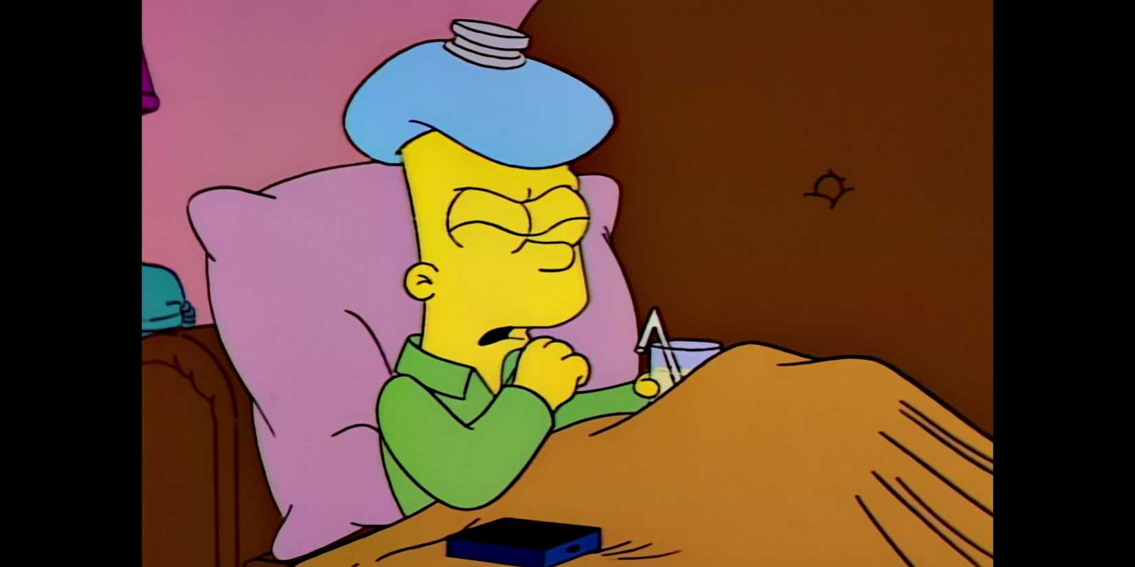 An ill Bart Simpson with a water bottle on his head