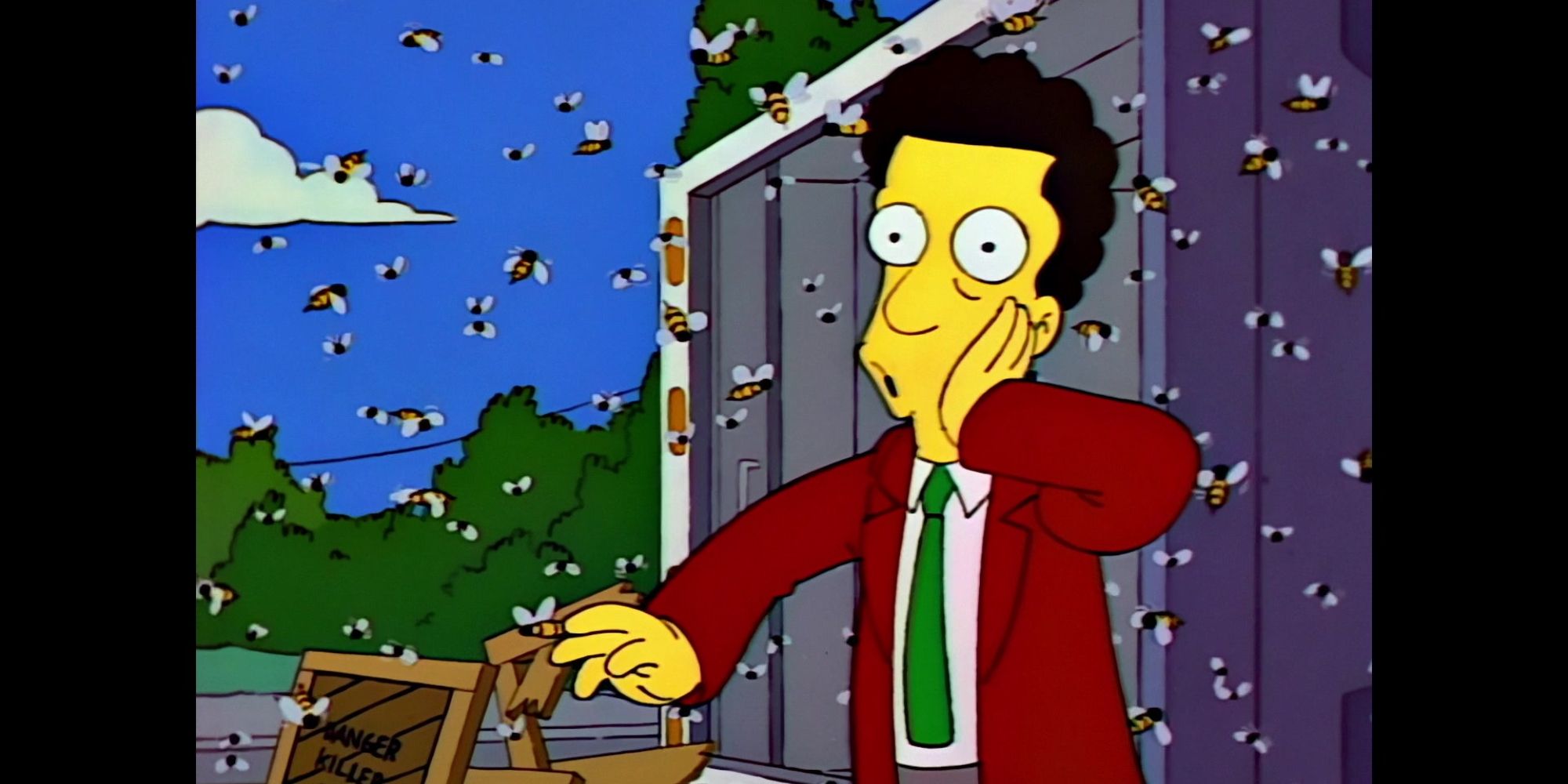 A man from The Simpsons looks in shock at swarm of bees