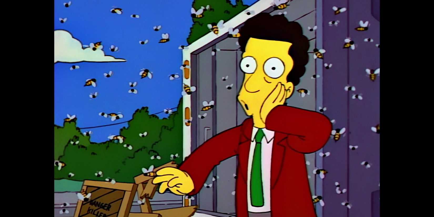 A man from The Simpsons looks in shock at swarm of bees