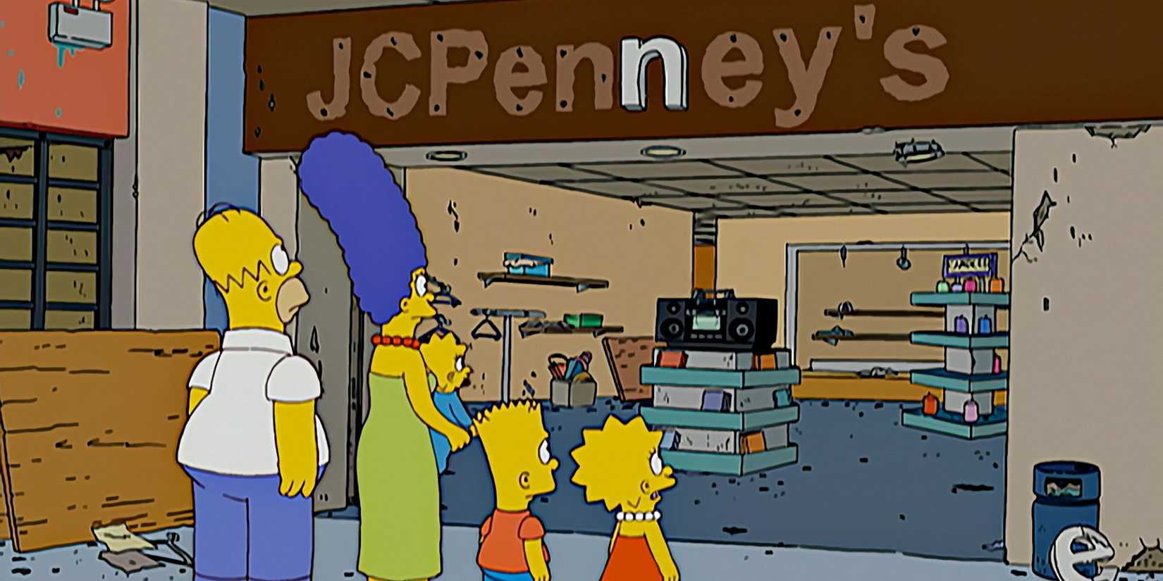 The Simpsons family look up at a busted "JC Penney's" sign