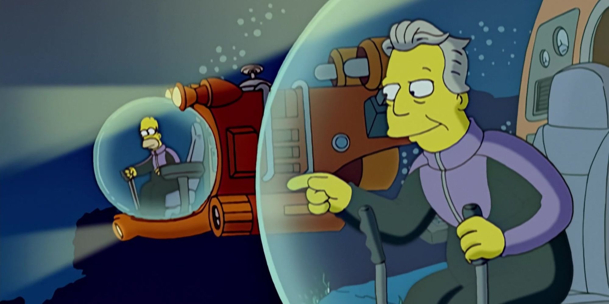 Mason Fairbanks and Homer Simpson in underwater submersibles