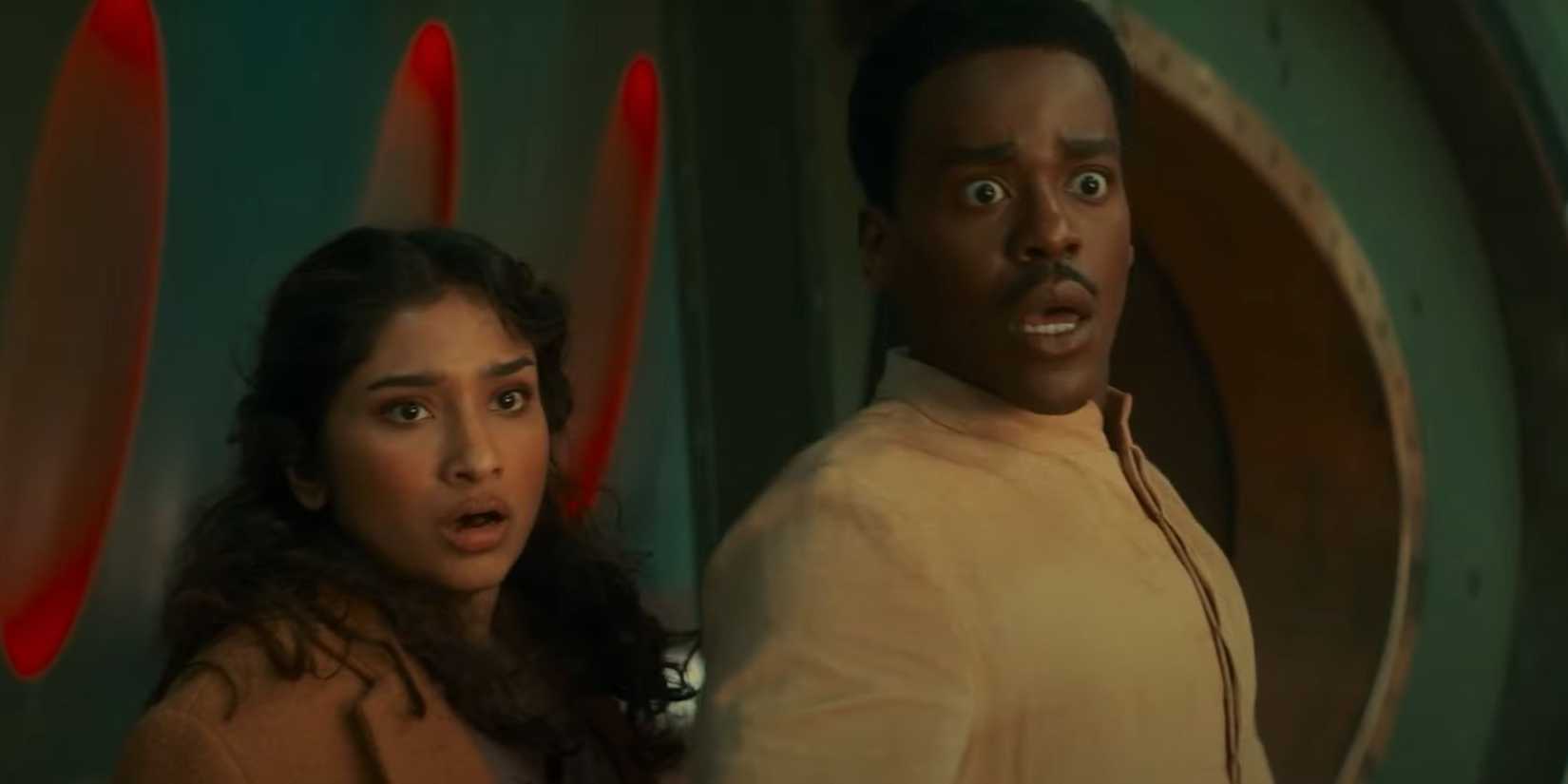 Varada Sethu as Belinda Chandra and Ncuti Gatwa as the Fifteenth Doctor both looking very shocked in Doctor Who