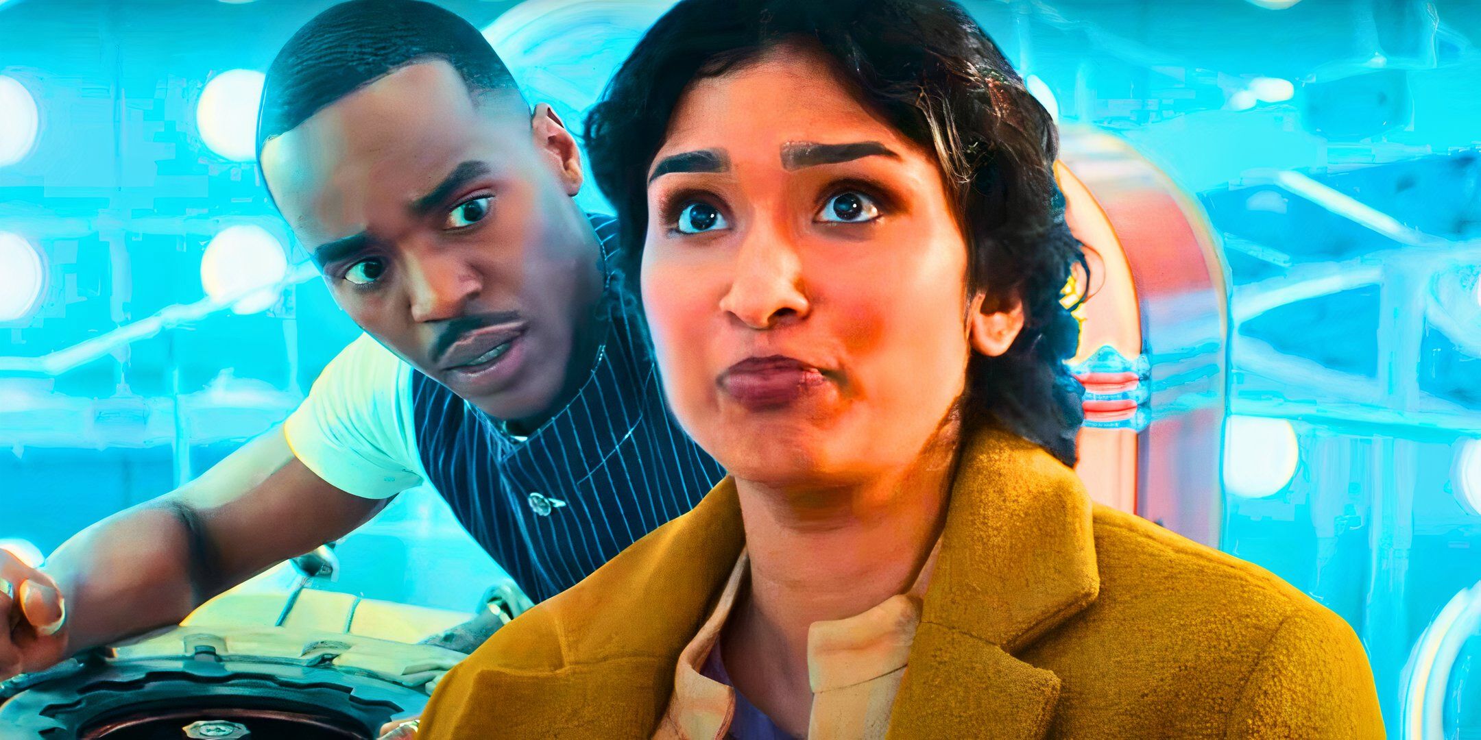 Custom Doctor Who image of Ncuti Gatwa as the Fifteenth Doctor looking confused at Varada Sethu&rsquo;s Belinda Chandra