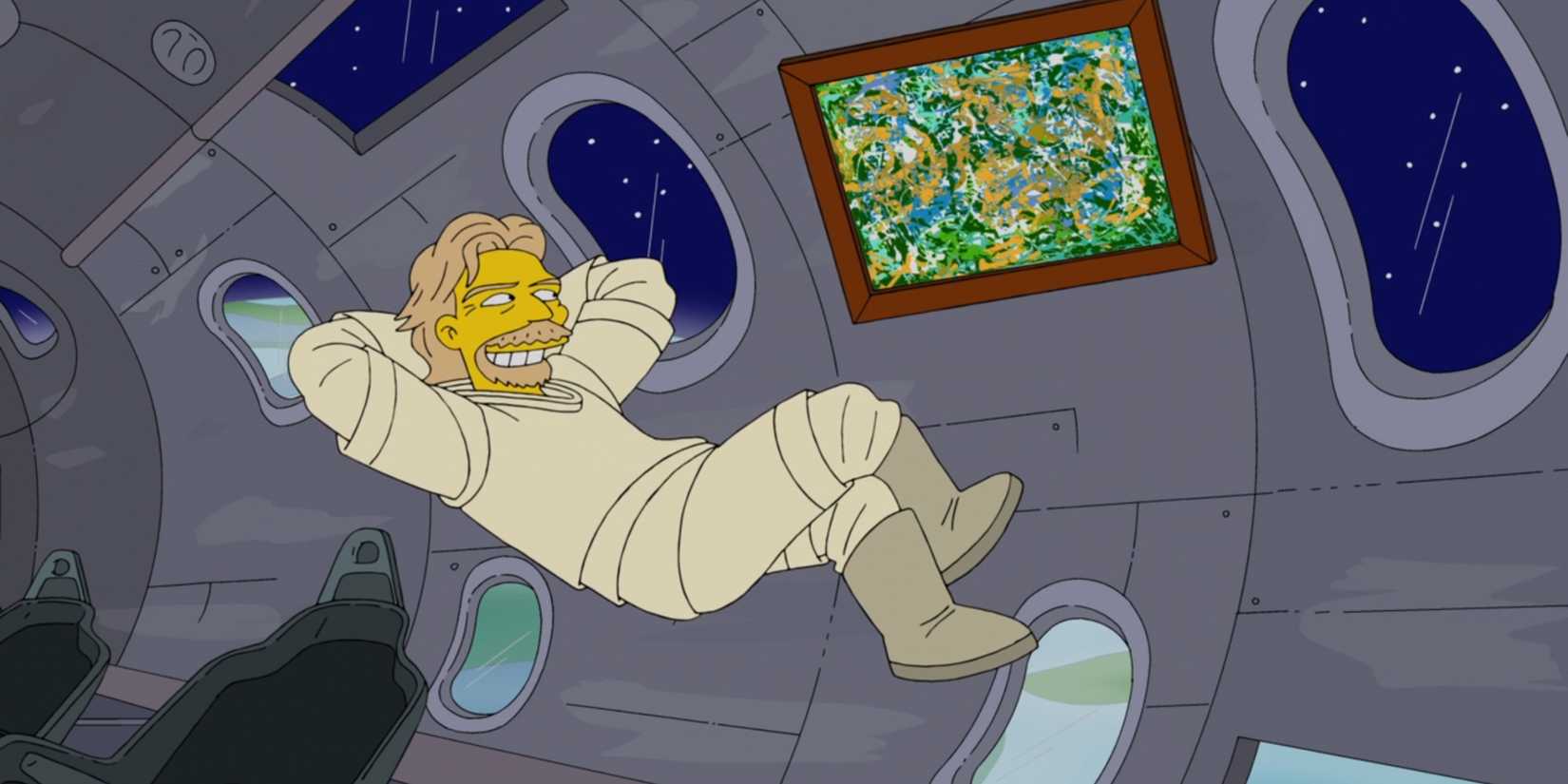 Richard Branson floating in a space shuttle and smiling at a painting