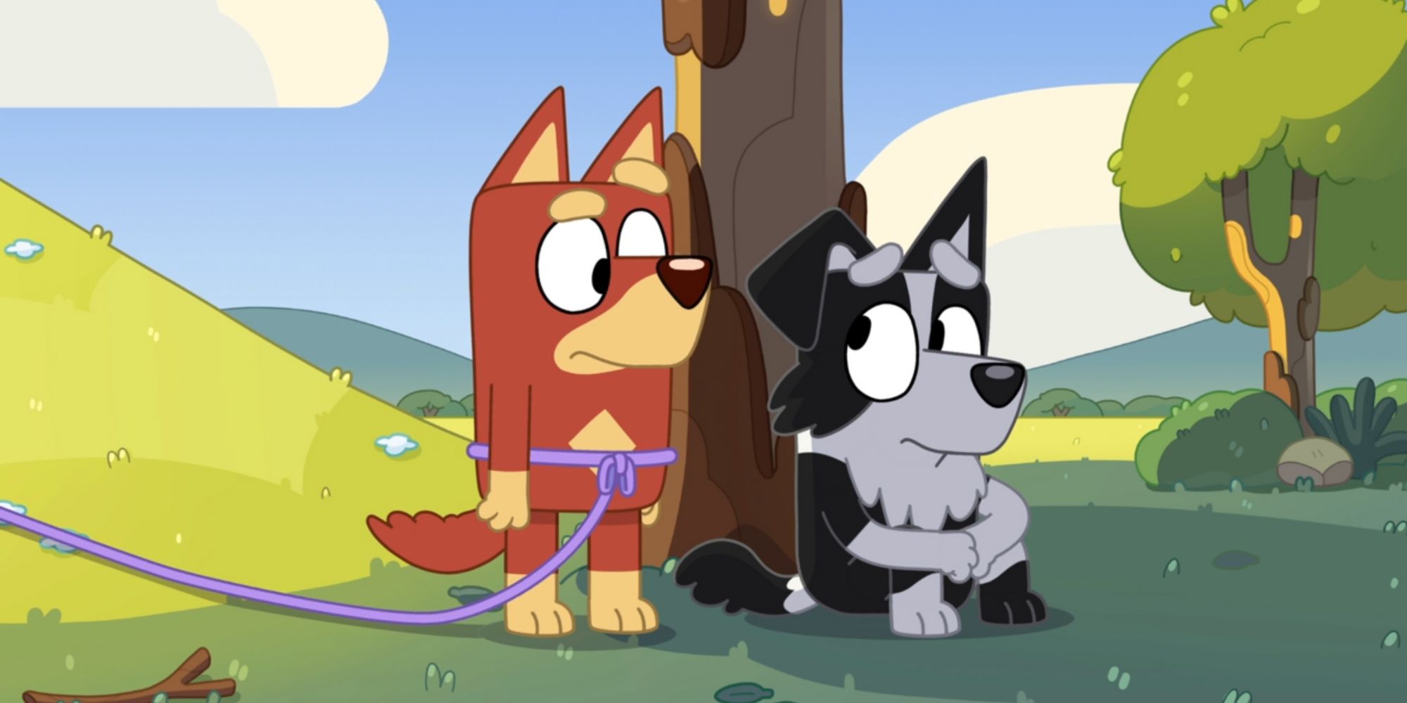 Rusty with a rope tied around his waist standing next to Mackenzie, who is sitting under a tree