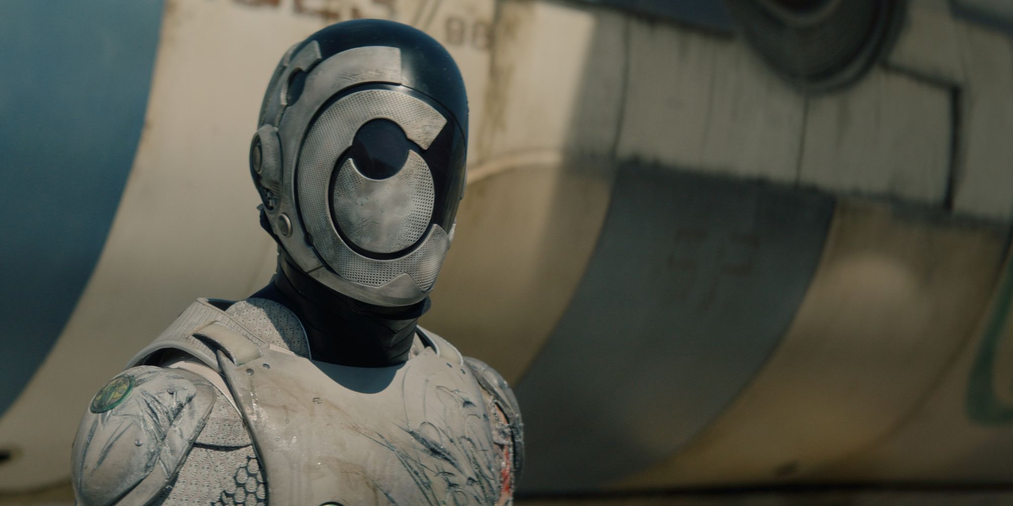 A person wears a faceless helmet from Murderbot Apple TV+ series