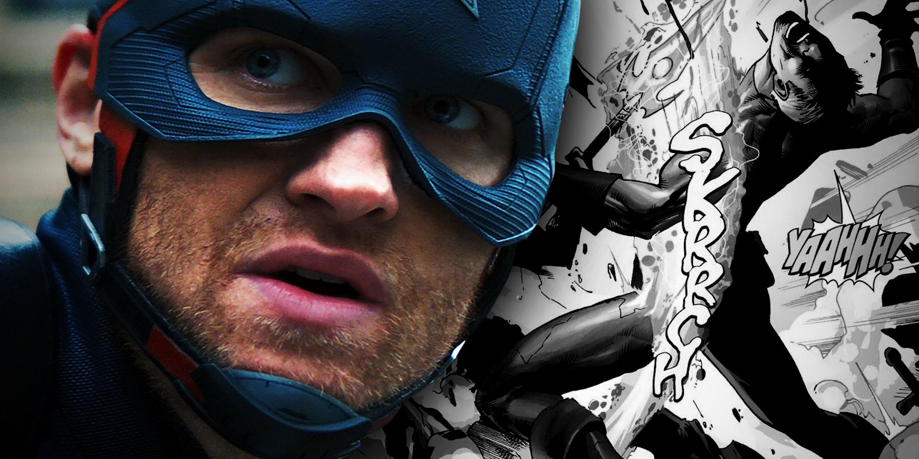 The MCU&rsquo;s John Walker next to the comic panels showing his arm and leg being removed by Nuke
