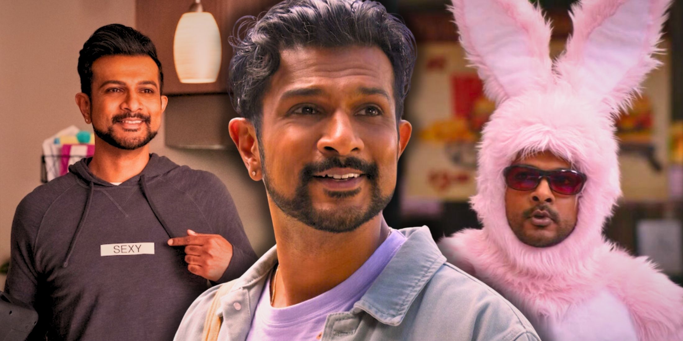 A collage of Utkarsh Ambudkar in roles in Never Have I Ever, Ghosts, and Free Guy