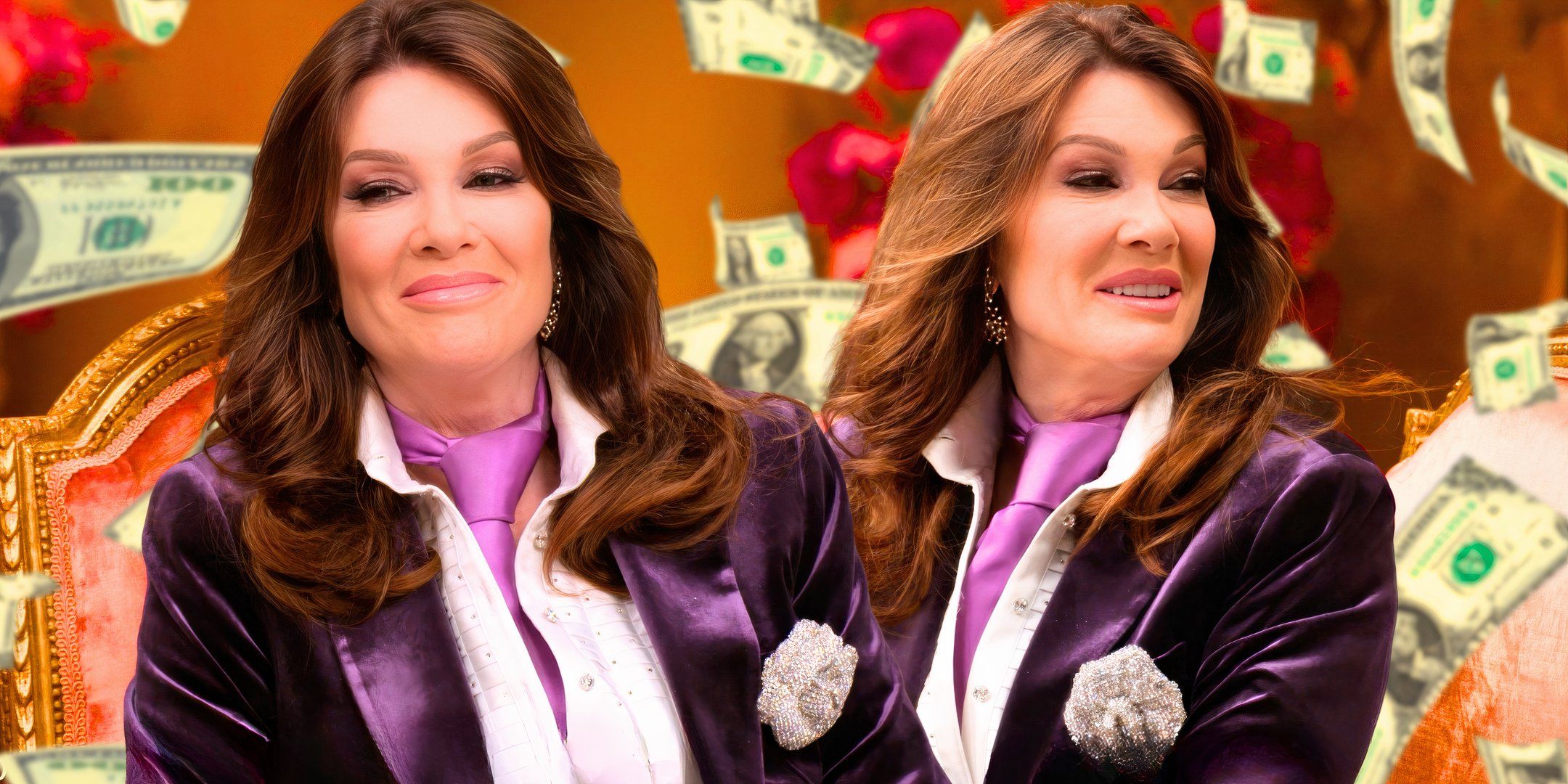 vanderpump villa star lisa vanderpump in purple velvet smiling with money in the background