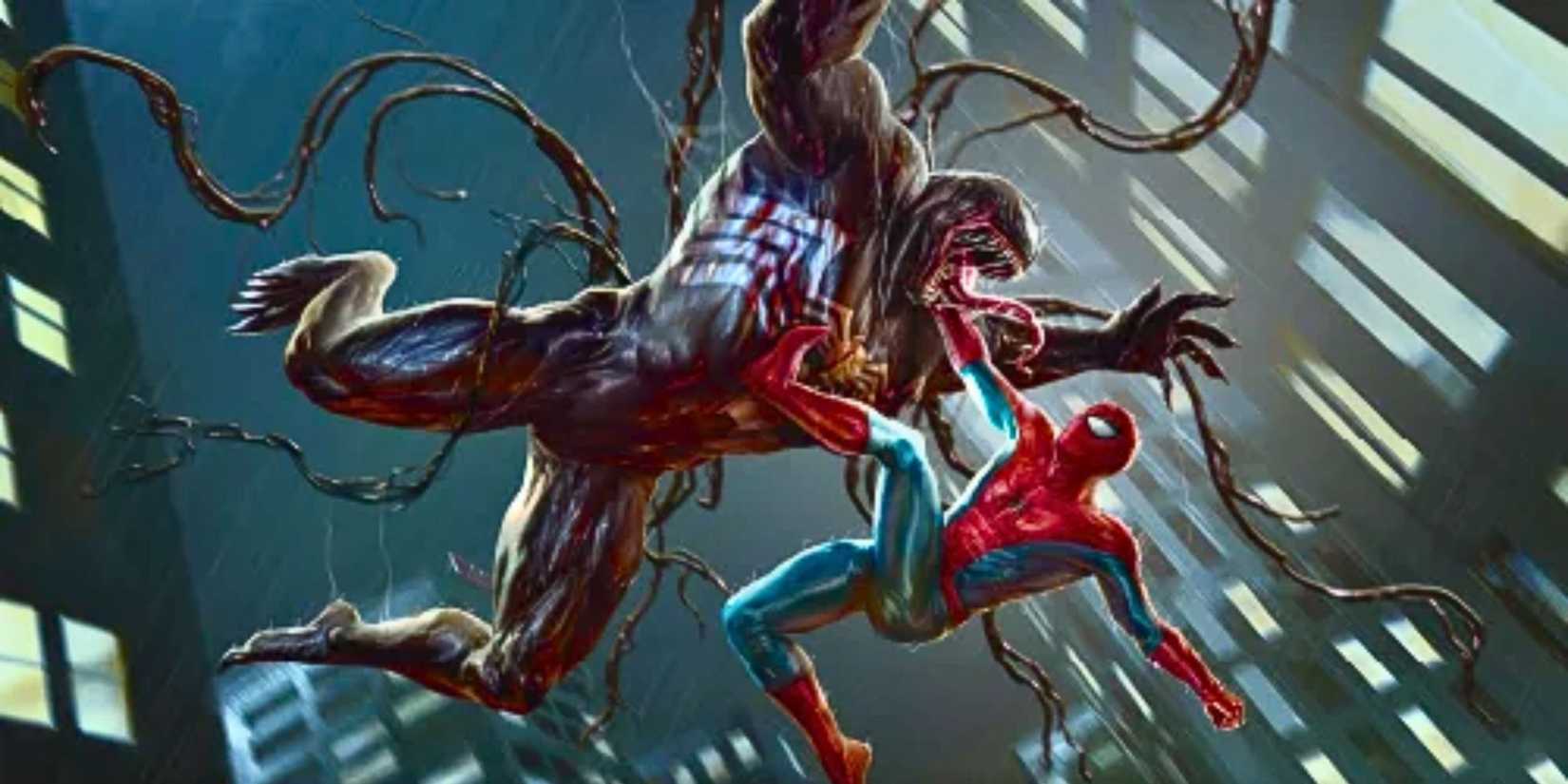Venom attacking Spider-Man in Magic The Gathering art by Carlos Dattoli