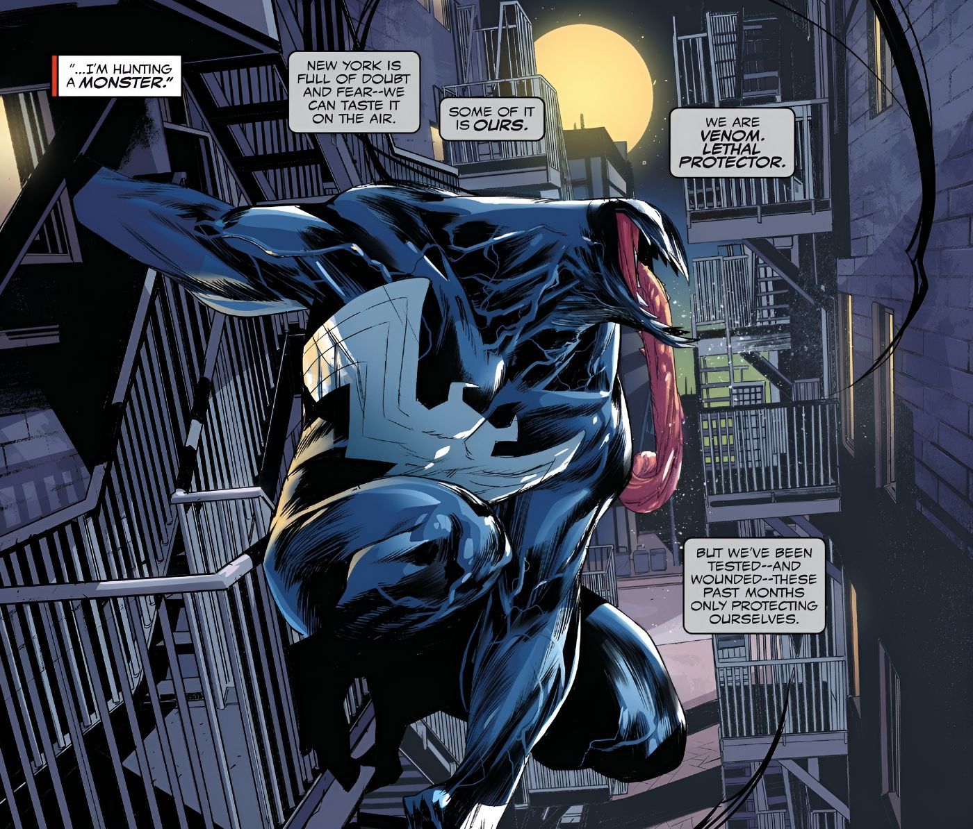 Venom Hands Off the Side of a Building With Its Tongue Hanging Out