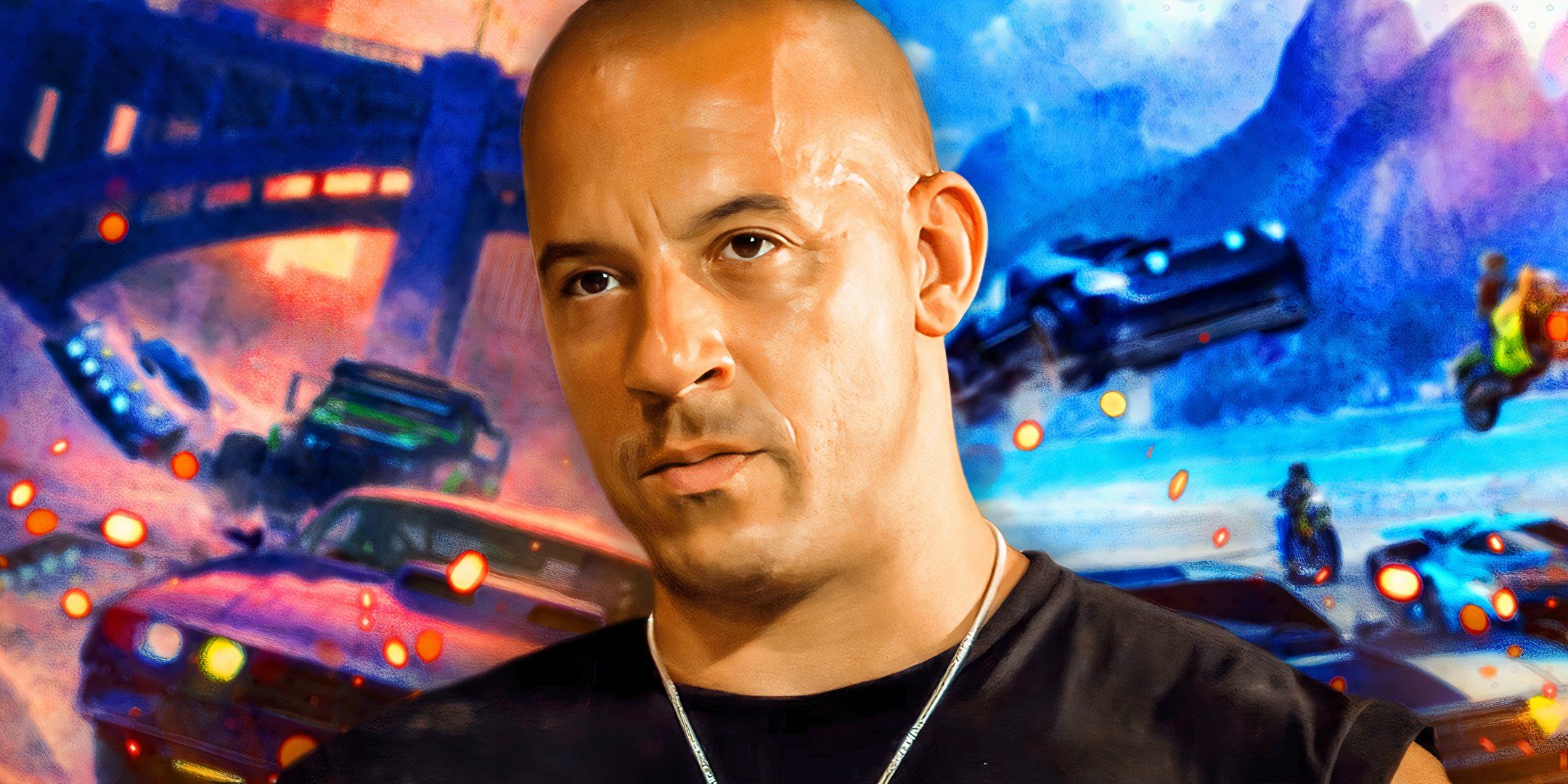 Vin Diesel as Dom Toretto in Fast &amp; Furious with imagery from Spy Racers behind him