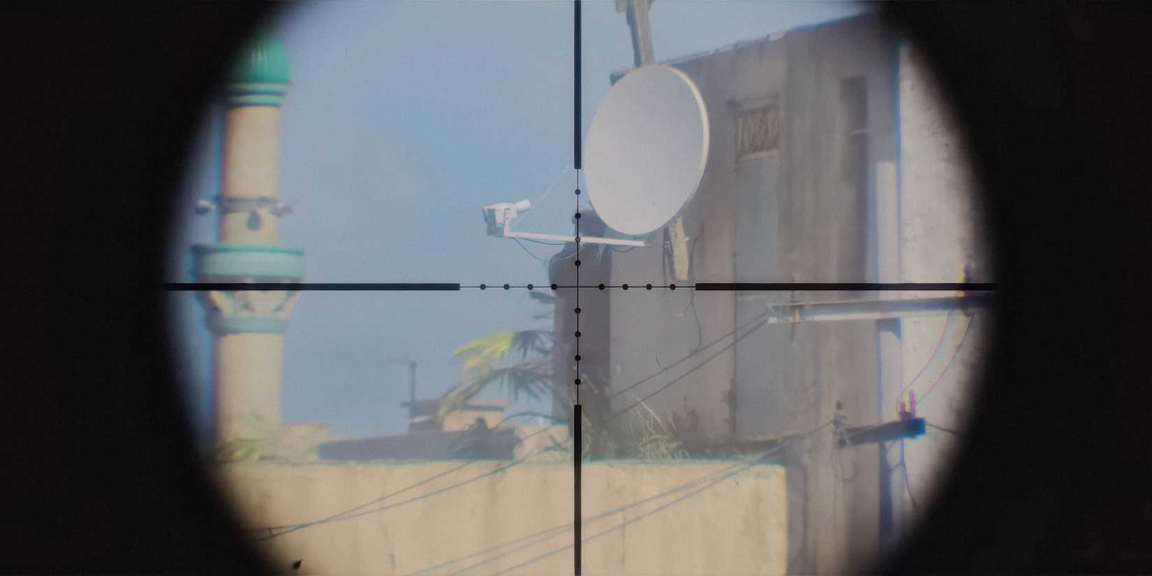 Gun's sight aiming at a man in Warfare