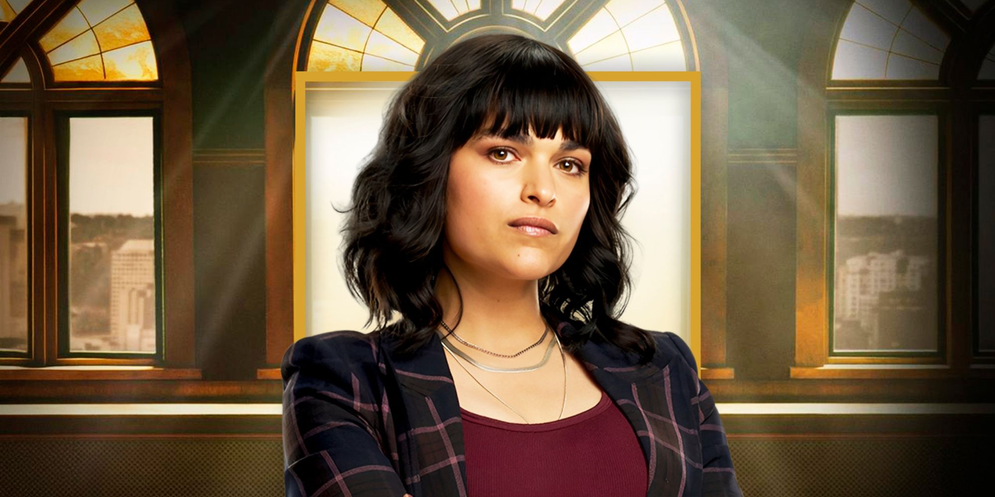Eve Harlow in front of the Watson poster