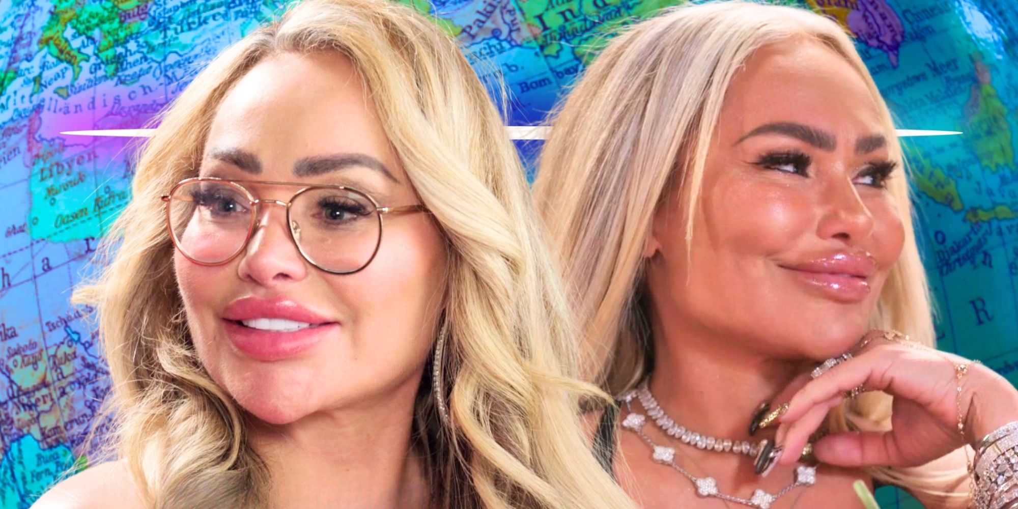 90 Day Fiancé’s Darcey &amp; Stacey Silva smile in front of a global map