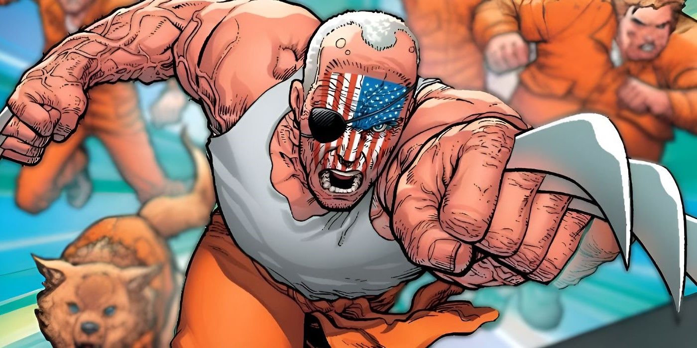 Weapon America Shoves His Claws At the Viewer While Prisoners Rush Behind Him