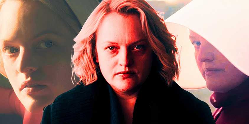 A custom collage image of Elisabeth Moss as June in the Handmaid's Tale seasons 1, 4, and 6 - created by Tom Russell