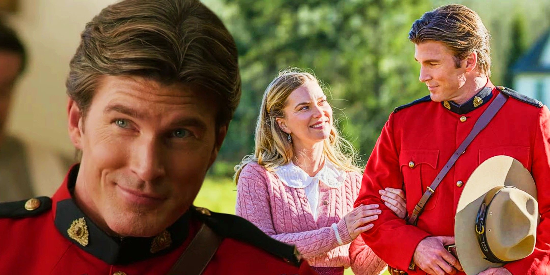 A composite image of Mountie Michael smiling in front of Michael and Nora walking through a field in When Hope Calls Season 2.