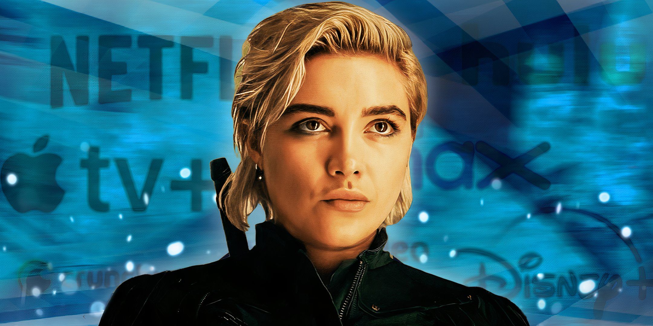 Florence Pugh as Yelena in Thunderbolts* (2025) above a blue background featuring streaming service logos